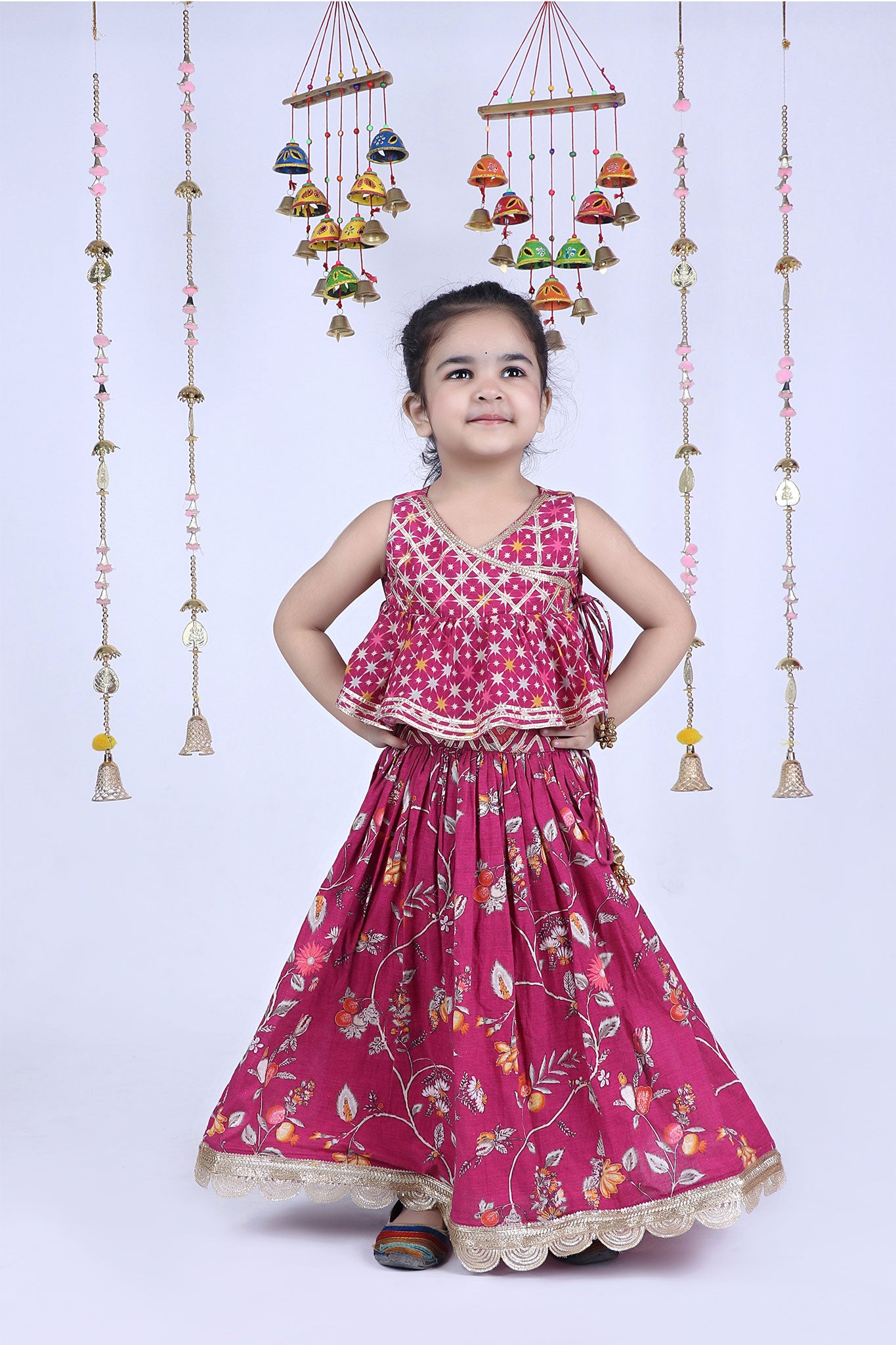 Cotton Printed Angarakha Style Blouse With Pleated Skirt funlittleones