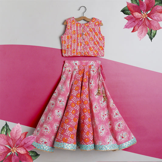 Floral Printed Gota Lace Detailed Pink Top And Lehenga