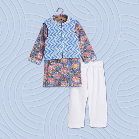 Boys Blue Jacket Kurta Set