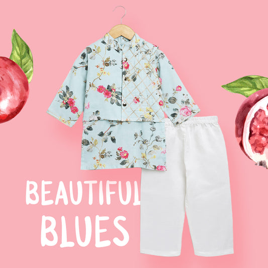 Boys Light Blue Floral Printed Kurta Jacket and Pyjama Set