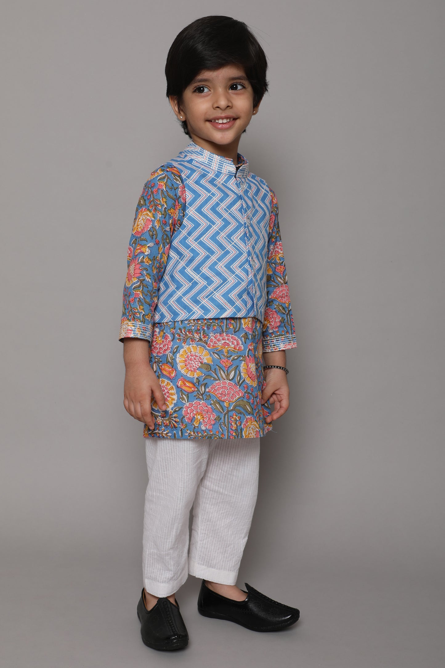 Boys Blue Jacket Kurta Set