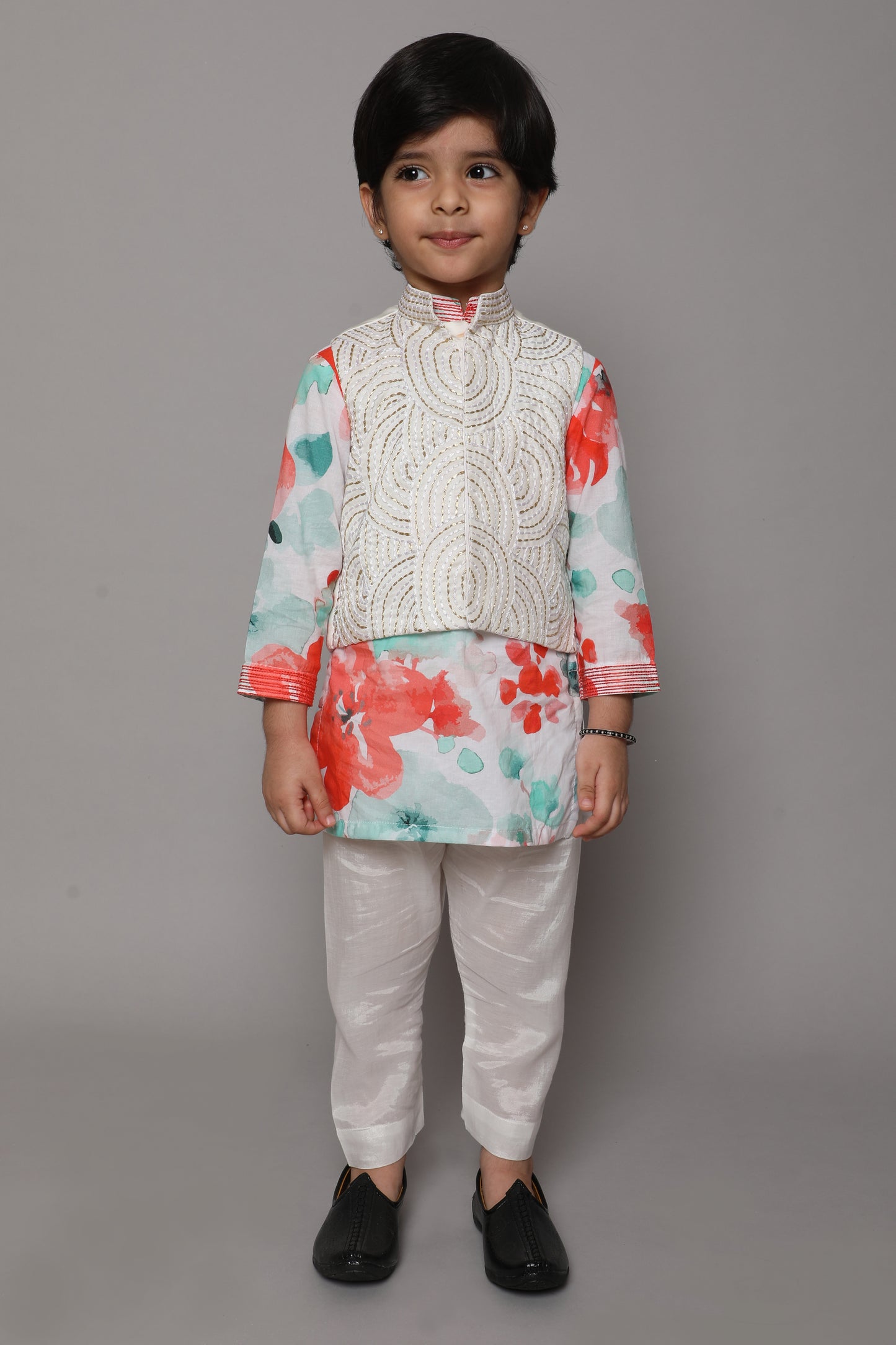 Boys Digital Printed kurta With Embroidered Jacket  Set