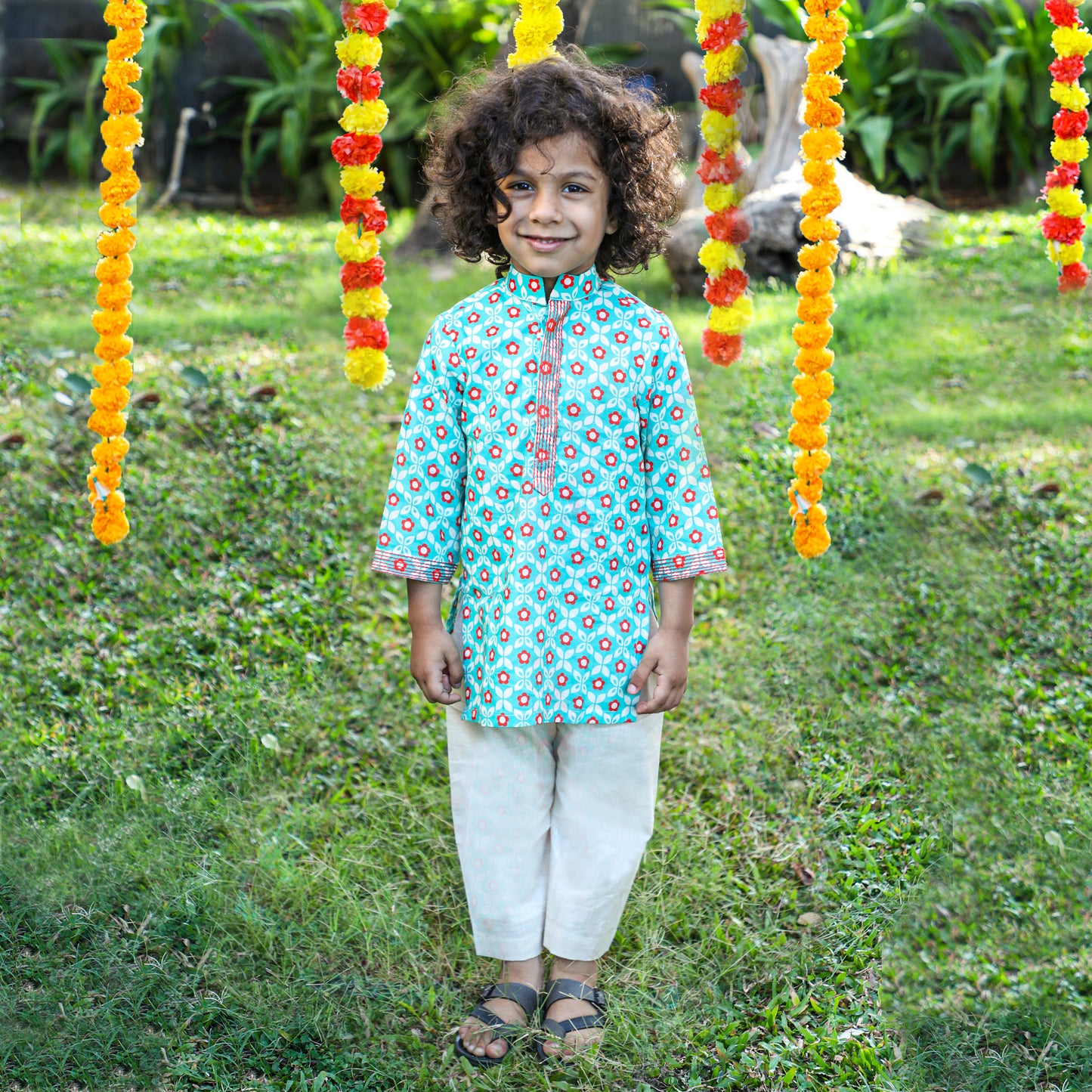 Boys Abla Print Green Kurta Pajama