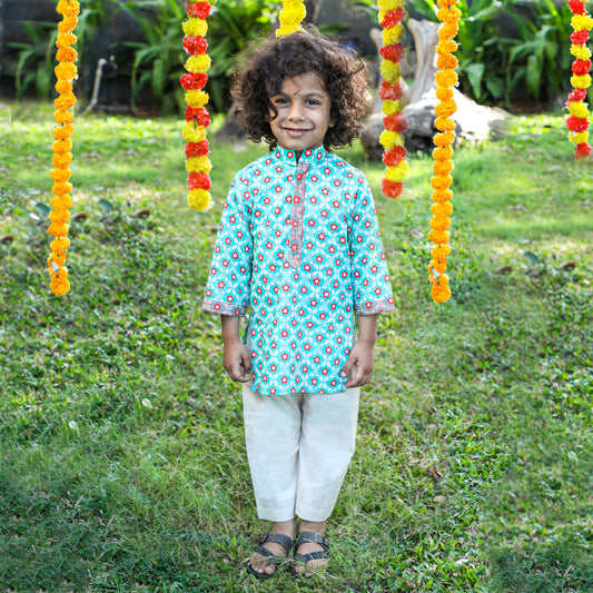 Boys Abla Print Green Kurta Pajama