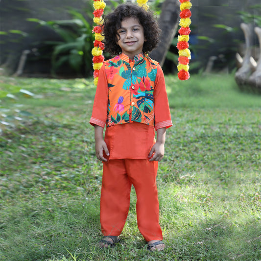 Boys Indian Pintex Orange Kurta With Hibiscus Printed Sleeveless Jacket And Pyjama