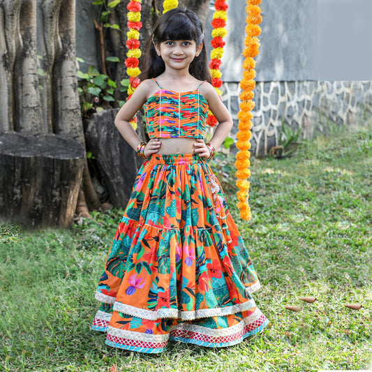 Girls Beautifully Crafted Orange Pleated Spaghetti Strap Top And Printed Layered Lehenga