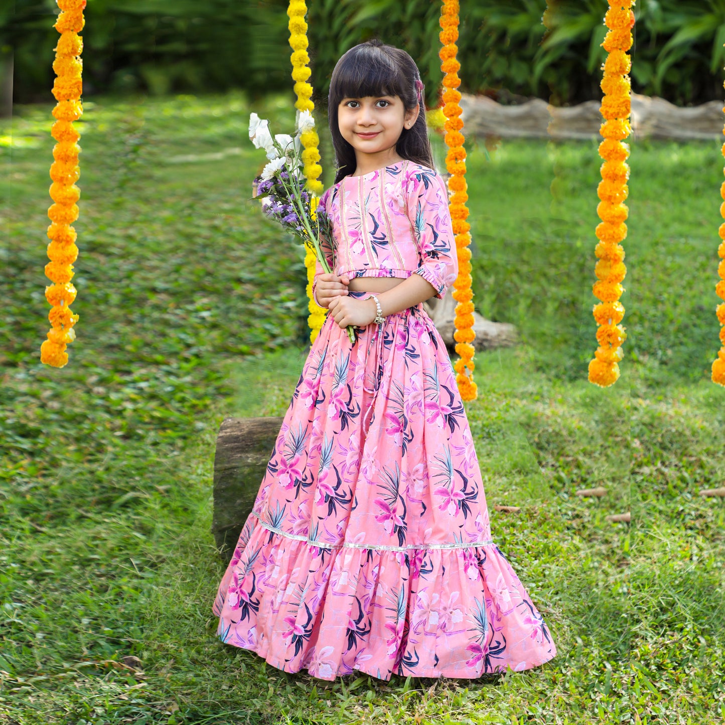 Floral Printed And Pleated Frills Peach Top With Lehenga