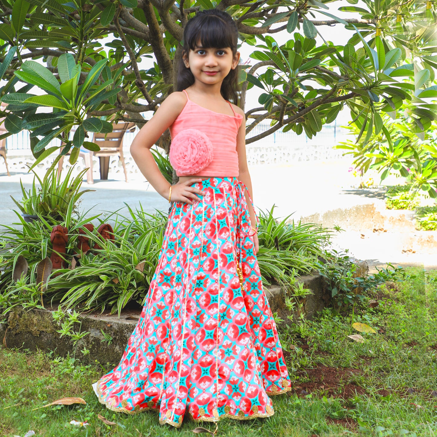 Peach Top With Printed Lace Work Lehenga