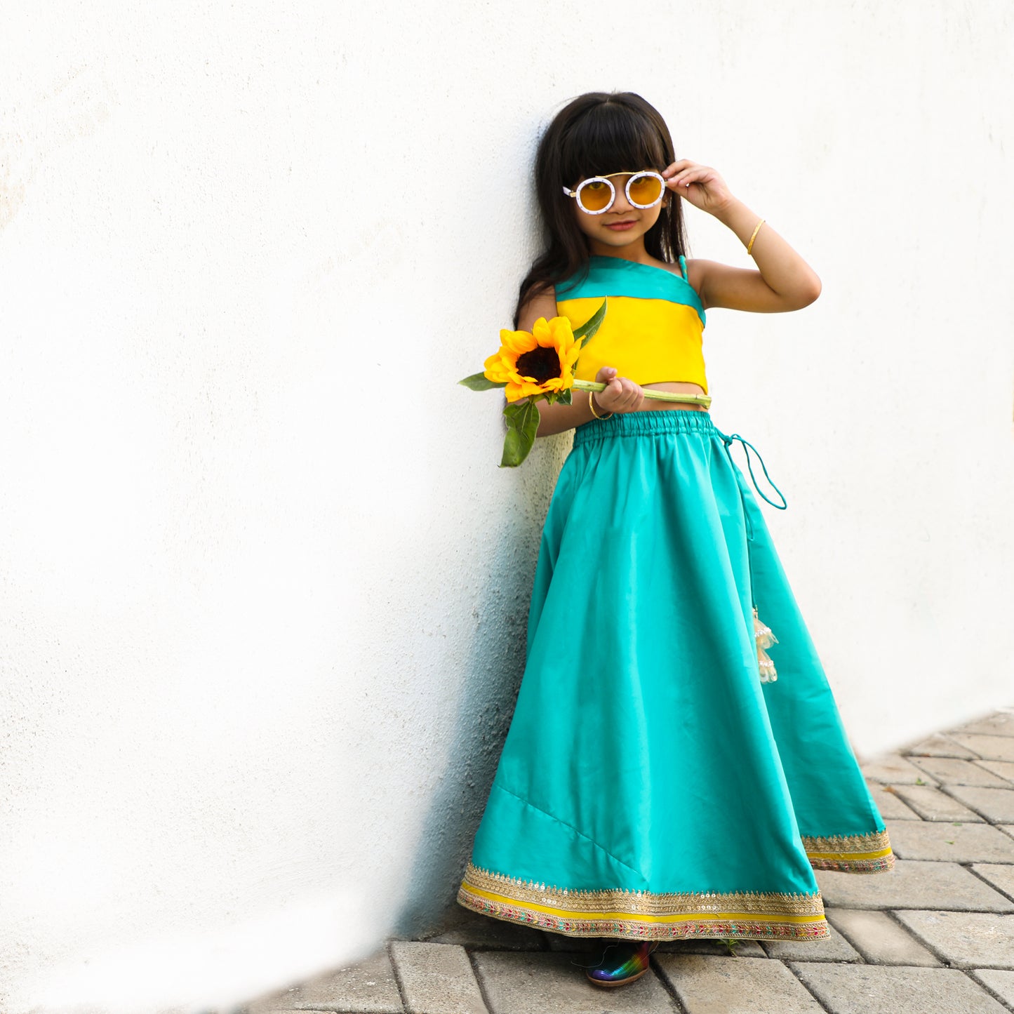 Girls Teal Green With Yellow And Teal Color Blocked One Shoulder Blouse With A Fashionable One Shoulder Drape