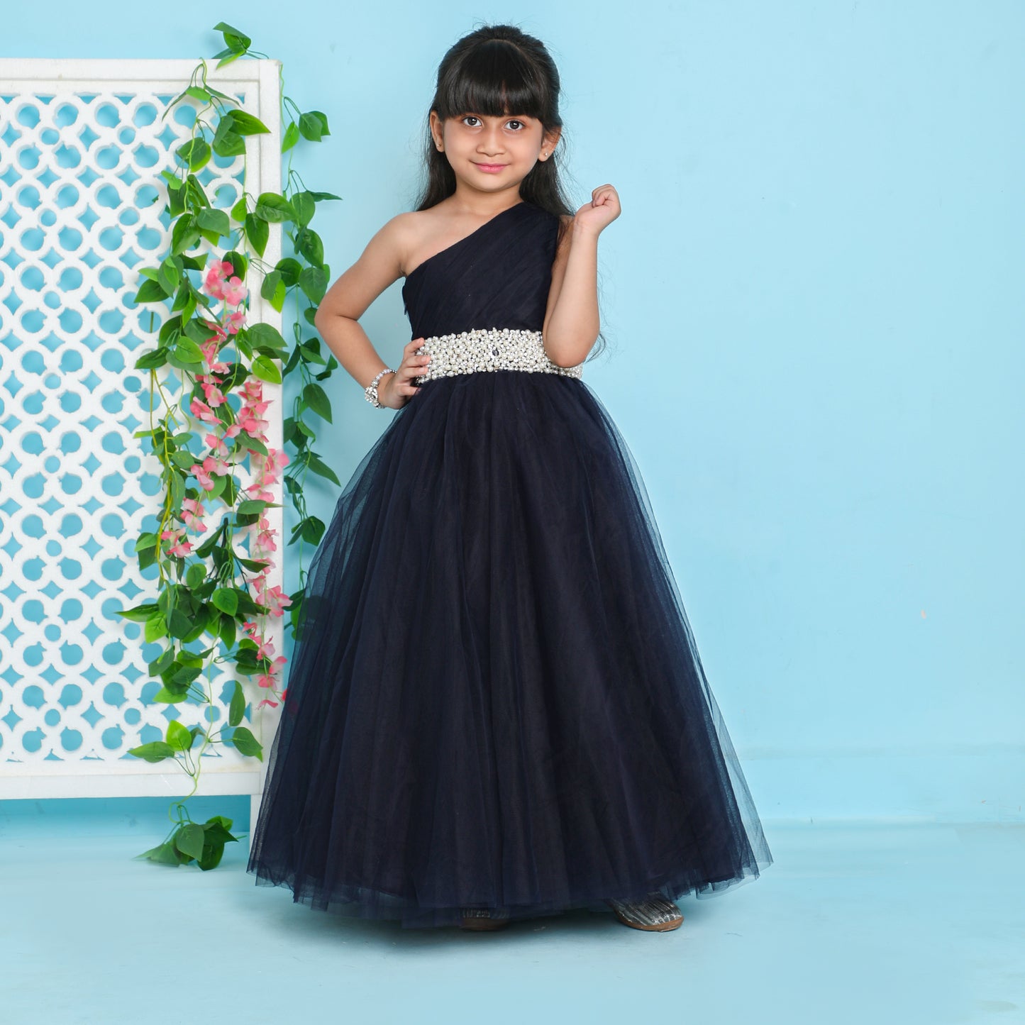 Girls Georgeous Embroiderd Waist Navy Blue Gown