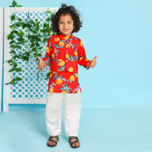 Boys Red Lemon Printed Kurta Jacket and Pyjama