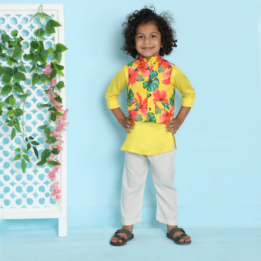 Boys Indian Yellow Kurta And Hibiscus Printed Jacket With Pockets And Pyjama