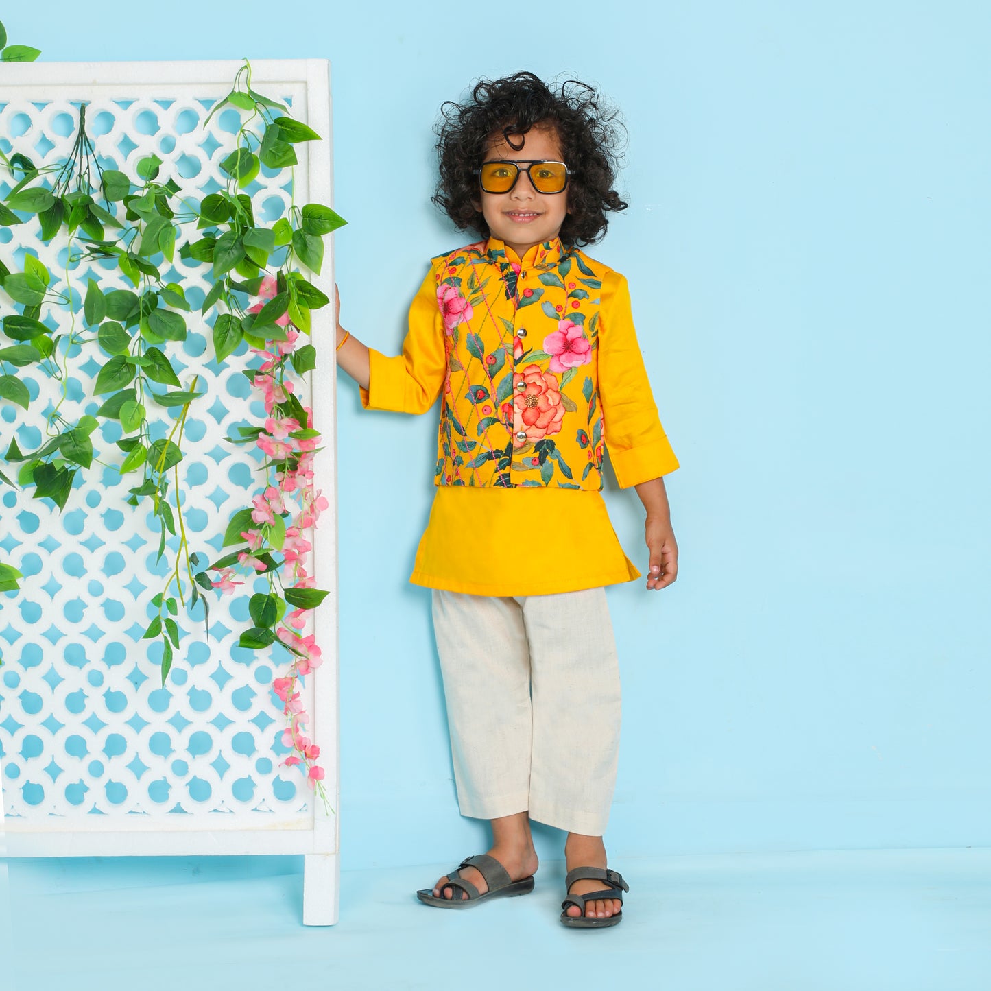 Boys Yellow Ocher Kurta Jacket And Pyjama