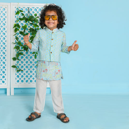 Boys Pomegranate Tree Printed Kurta and Leaves Print Jacket with Gota Lace Work