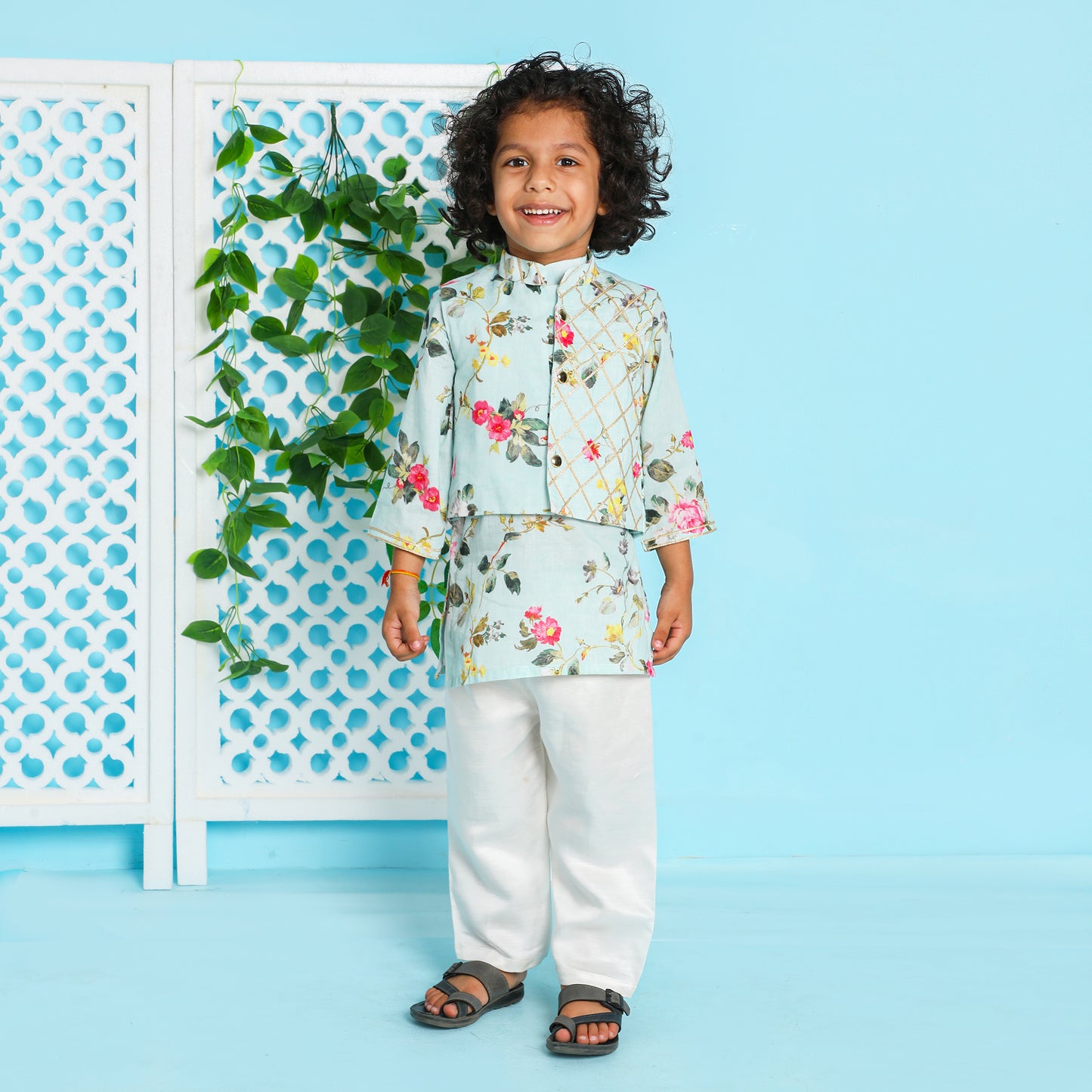 Boys Light Blue Floral Printed Kurta Jacket and Pyjama Set