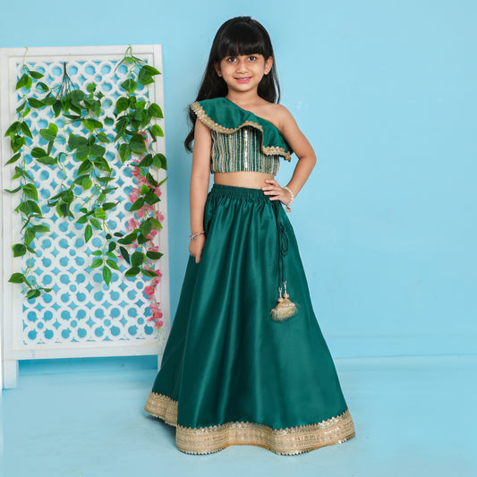 Girls Glamouros One Shoulder Dark Green Flap Top And Flared Lehenga