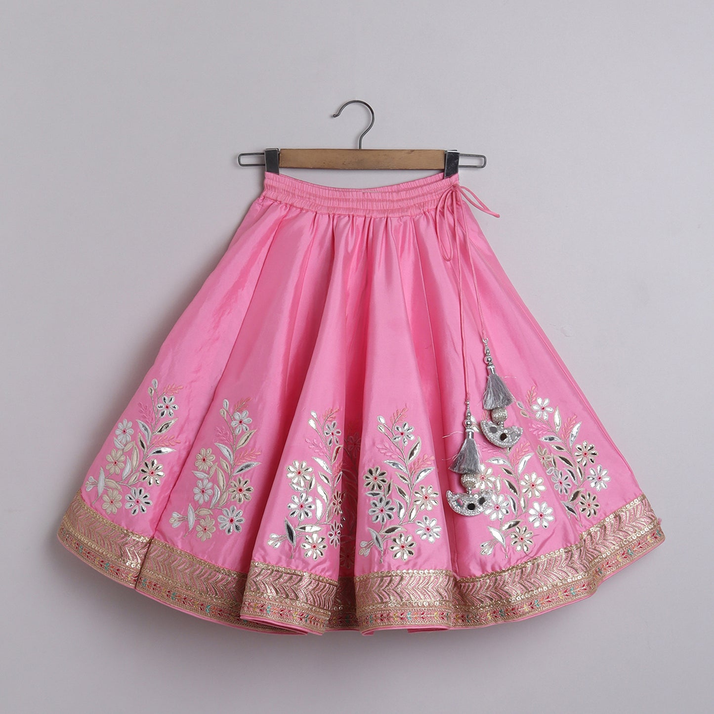 Gorgeous Baby Pink pleated Top And Exquisite Floral Leather Embroidered Lehenga With Matching Lace Dupatta