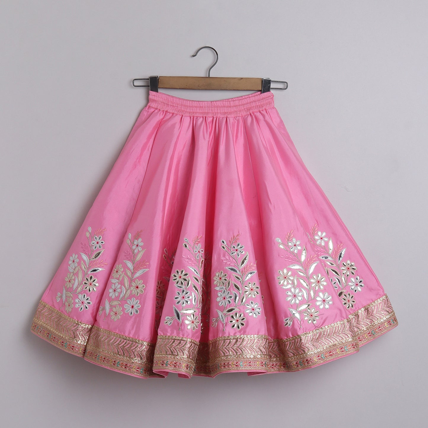 Gorgeous Baby Pink pleated Top And Exquisite Floral Leather Embroidered Lehenga With Matching Lace Dupatta