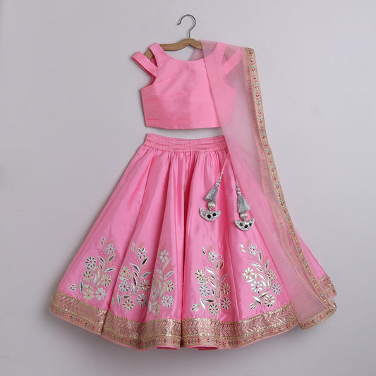 Gorgeous Baby Pink pleated Top And Exquisite Floral Leather Embroidered Lehenga With Matching Lace Dupatta