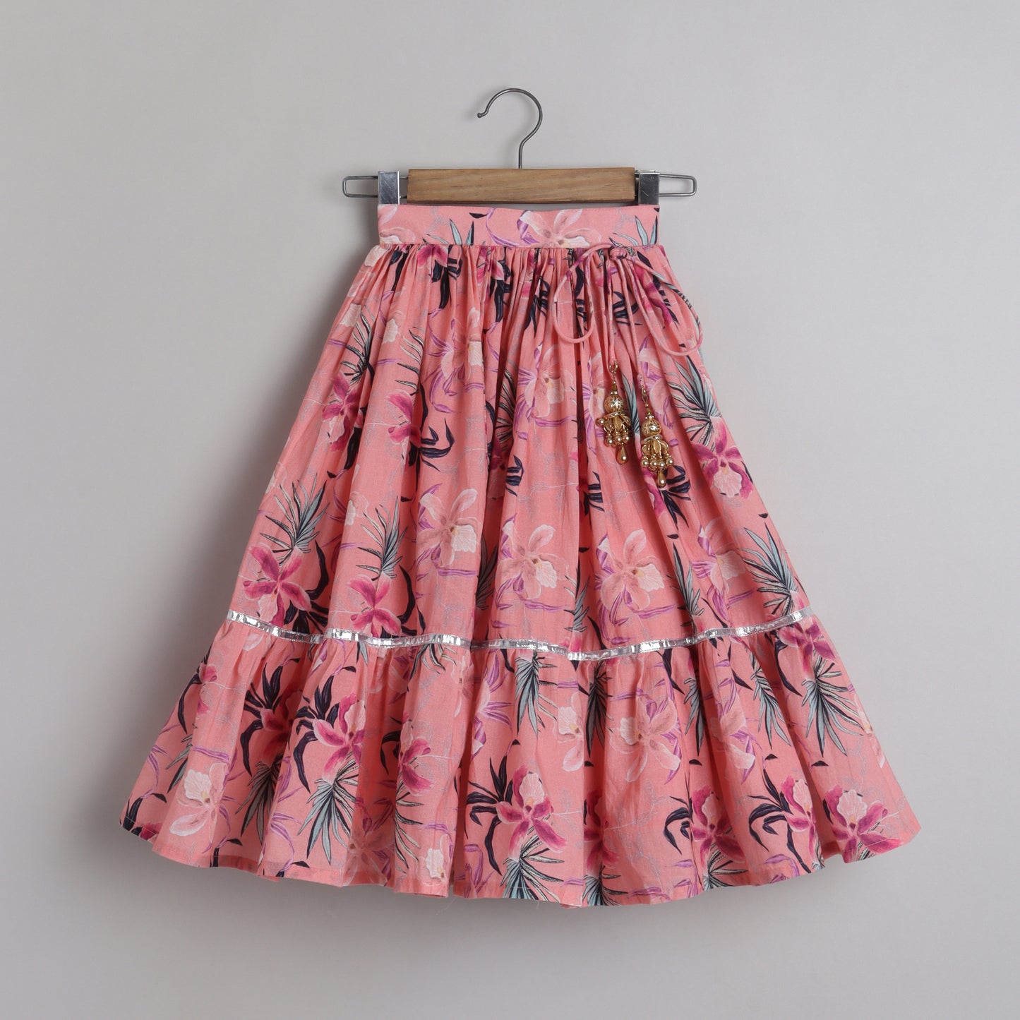 Floral Printed And Pleated Frills Peach Top With Lehenga