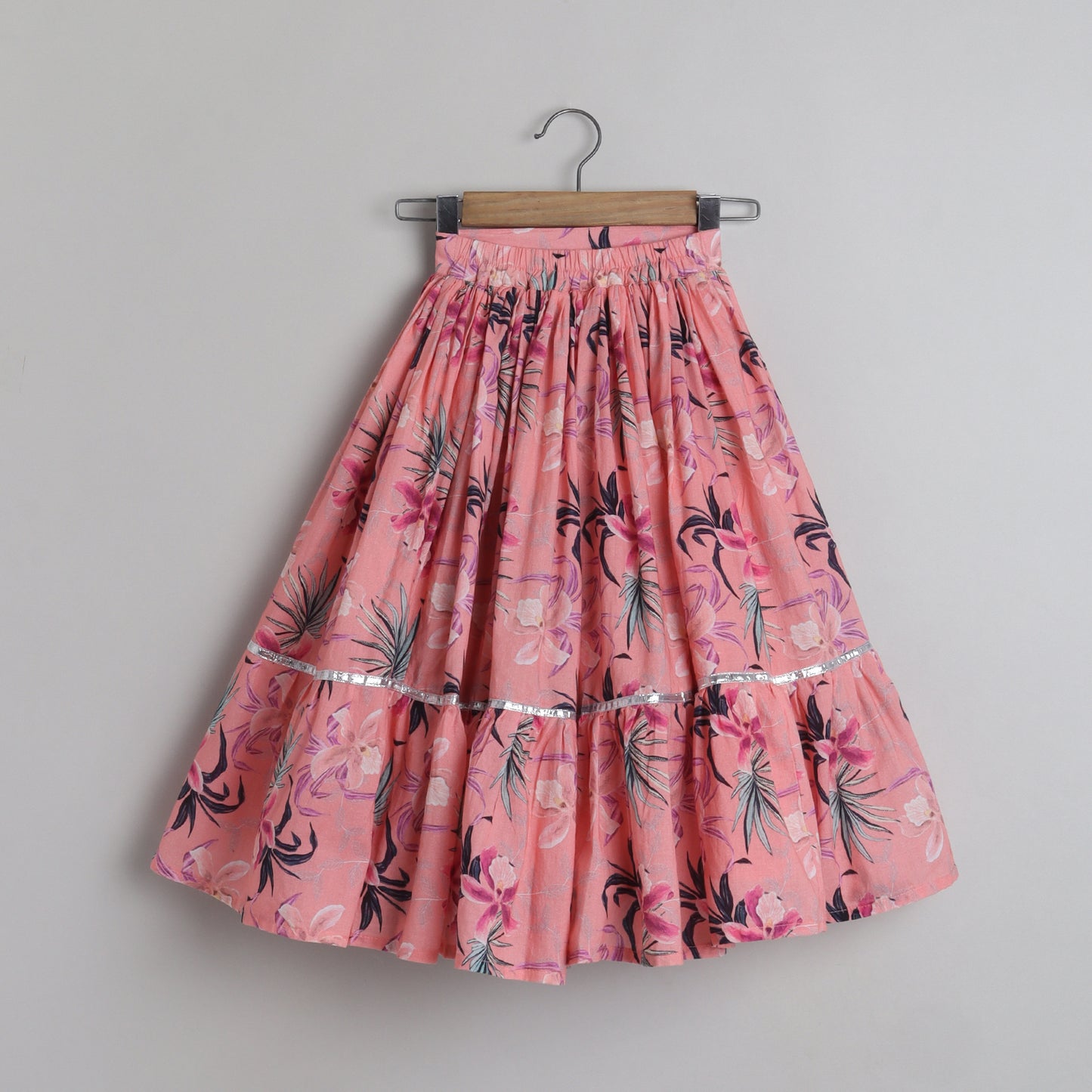 Floral Printed And Pleated Frills Peach Top With Lehenga