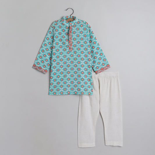 Boys Abla Print Green Kurta Pajama