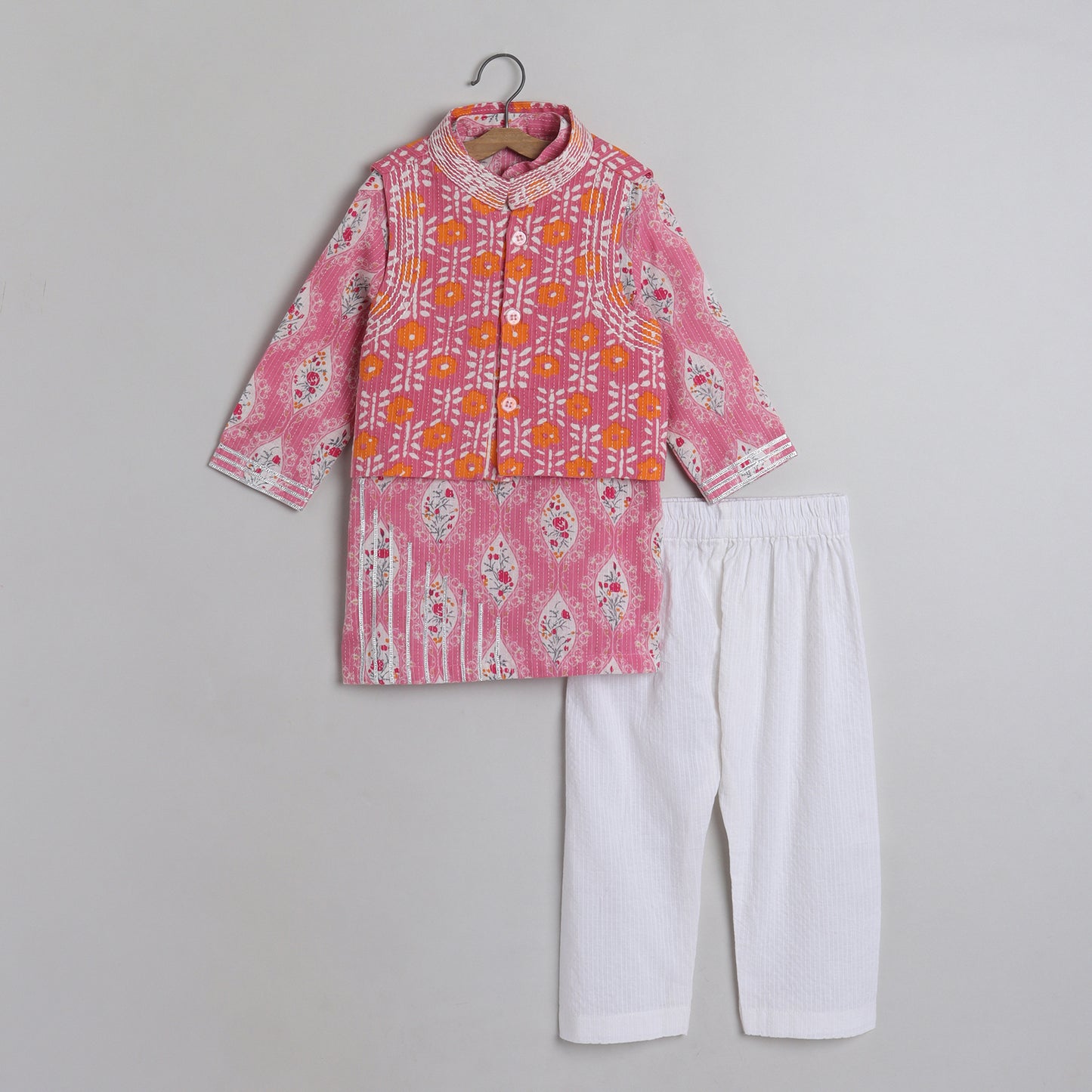 Thread Detailing Floral Printed Jacket With Pink Kurta And Pajama