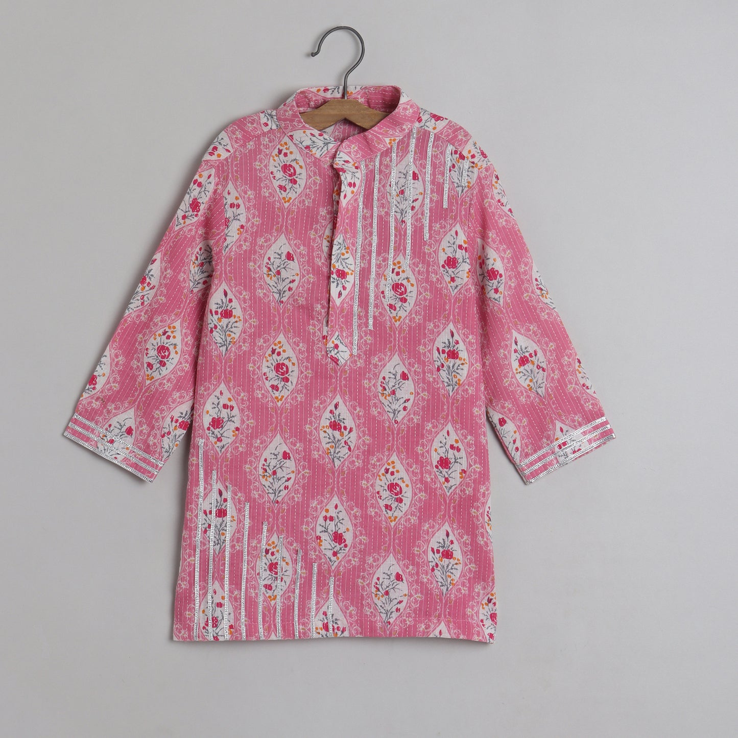 Thread Detailing Floral Printed Jacket With Pink Kurta And Pajama