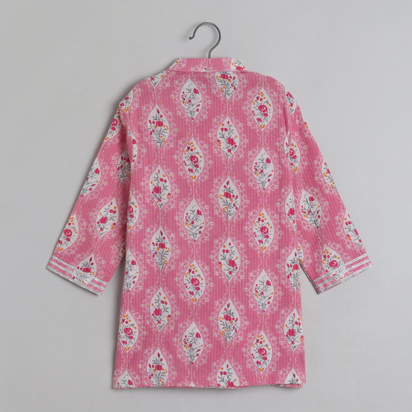 Thread Detailing Floral Printed Jacket With Pink Kurta And Pajama