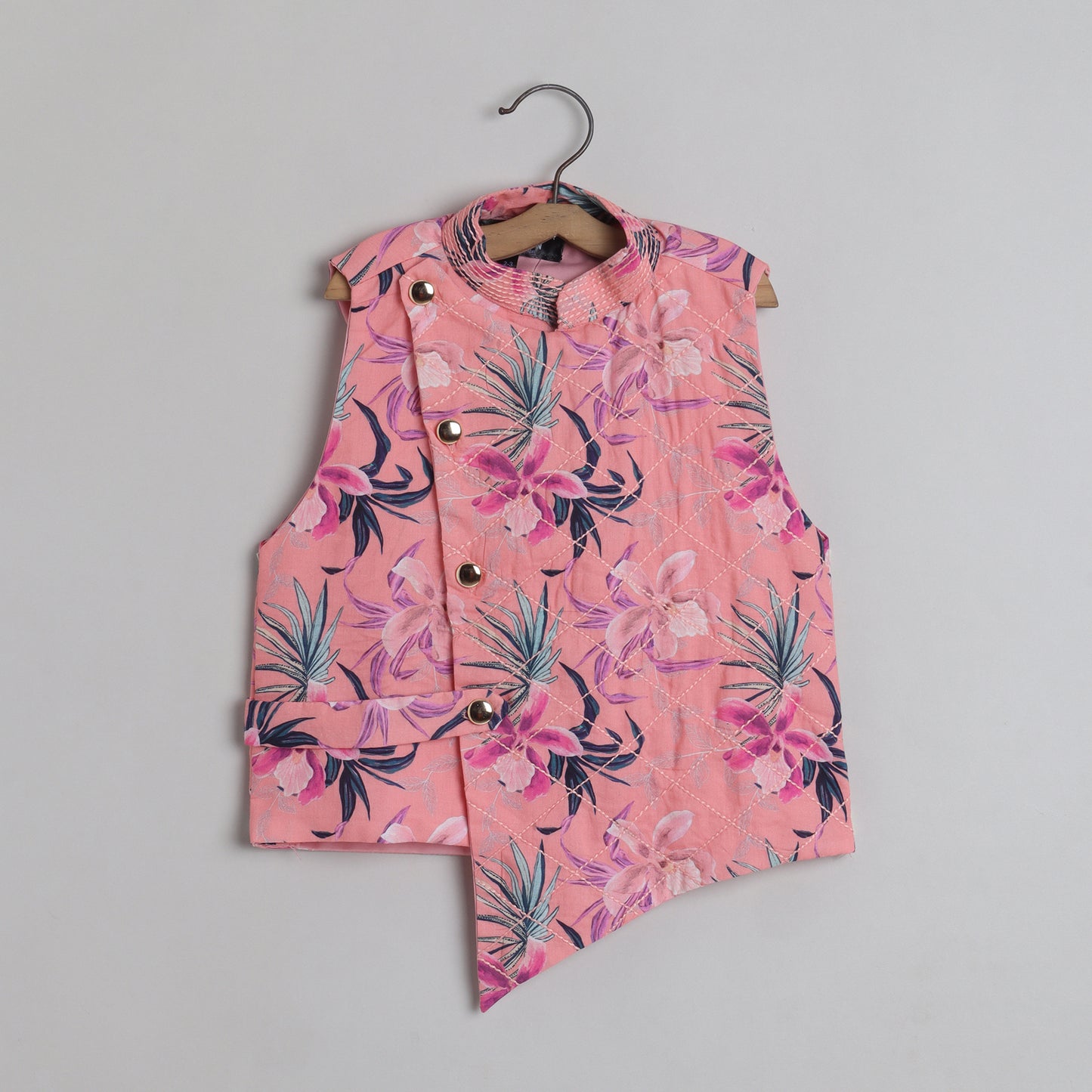 Peach Floral Printed Quilted Jacket With Thread Work Kurta And Pyjama