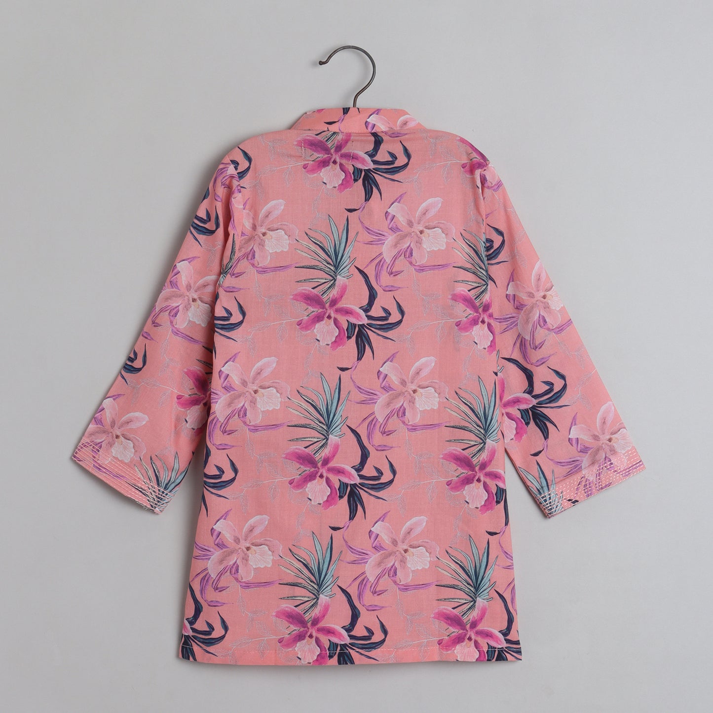 Peach Floral Printed Quilted Jacket With Thread Work Kurta And Pyjama