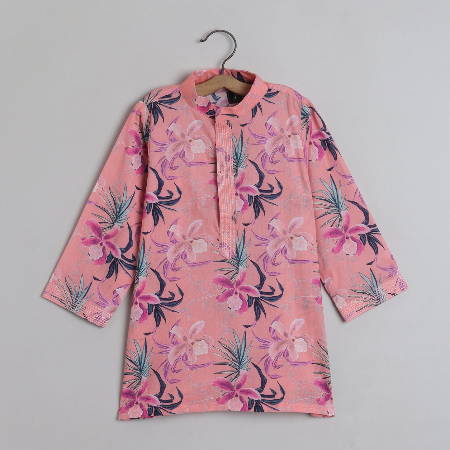 Peach Floral Printed Quilted Jacket With Thread Work Kurta And Pyjama