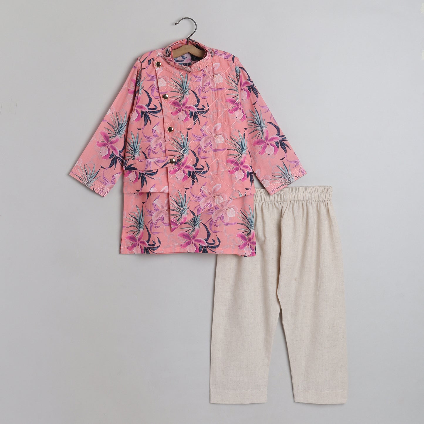 Peach Floral Printed Quilted Jacket With Thread Work Kurta And Pyjama