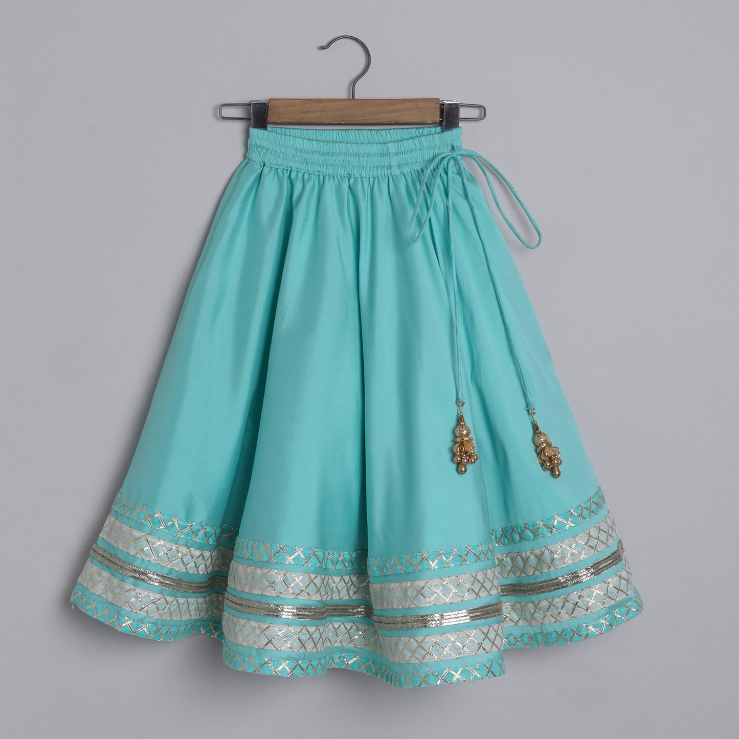 Girls Light Blue Embroidered Blouse With Gota Embellished Borders On The Lehenga