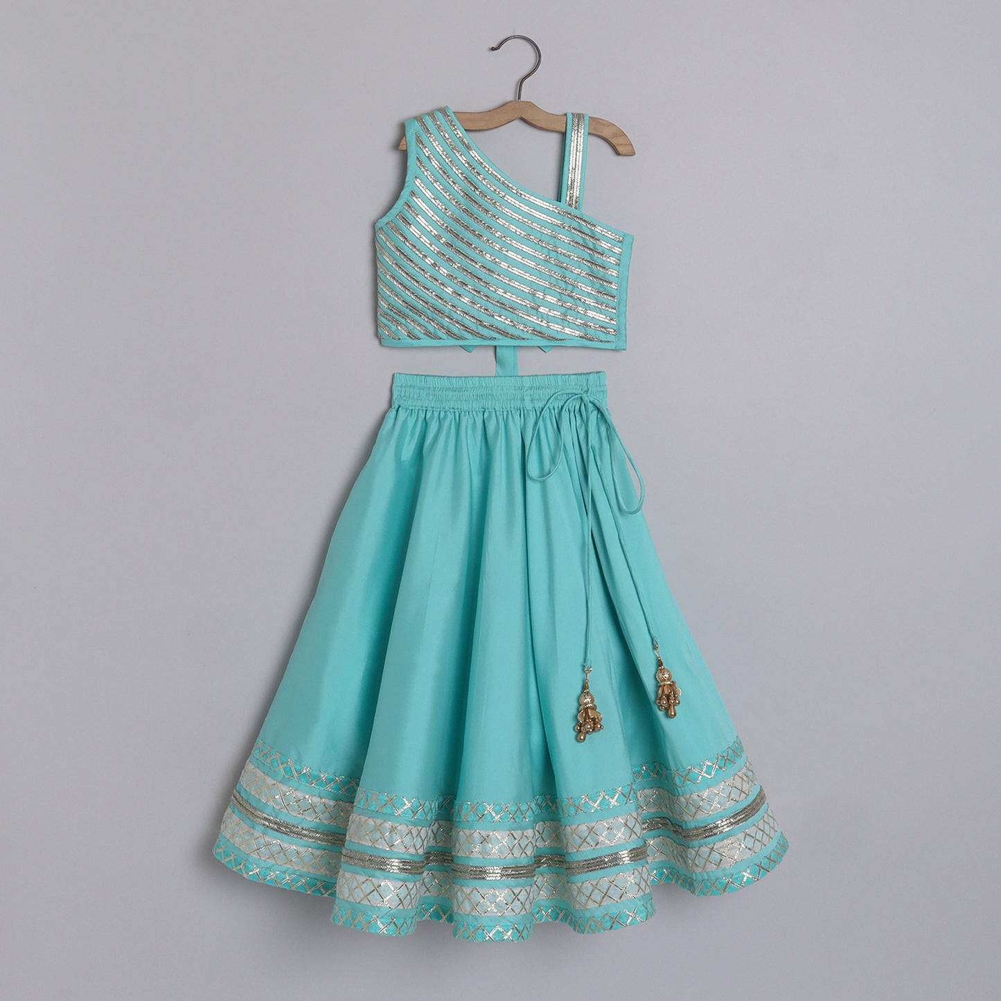 Girls Light Blue Embroidered Blouse With Gota Embellished Borders On The Lehenga