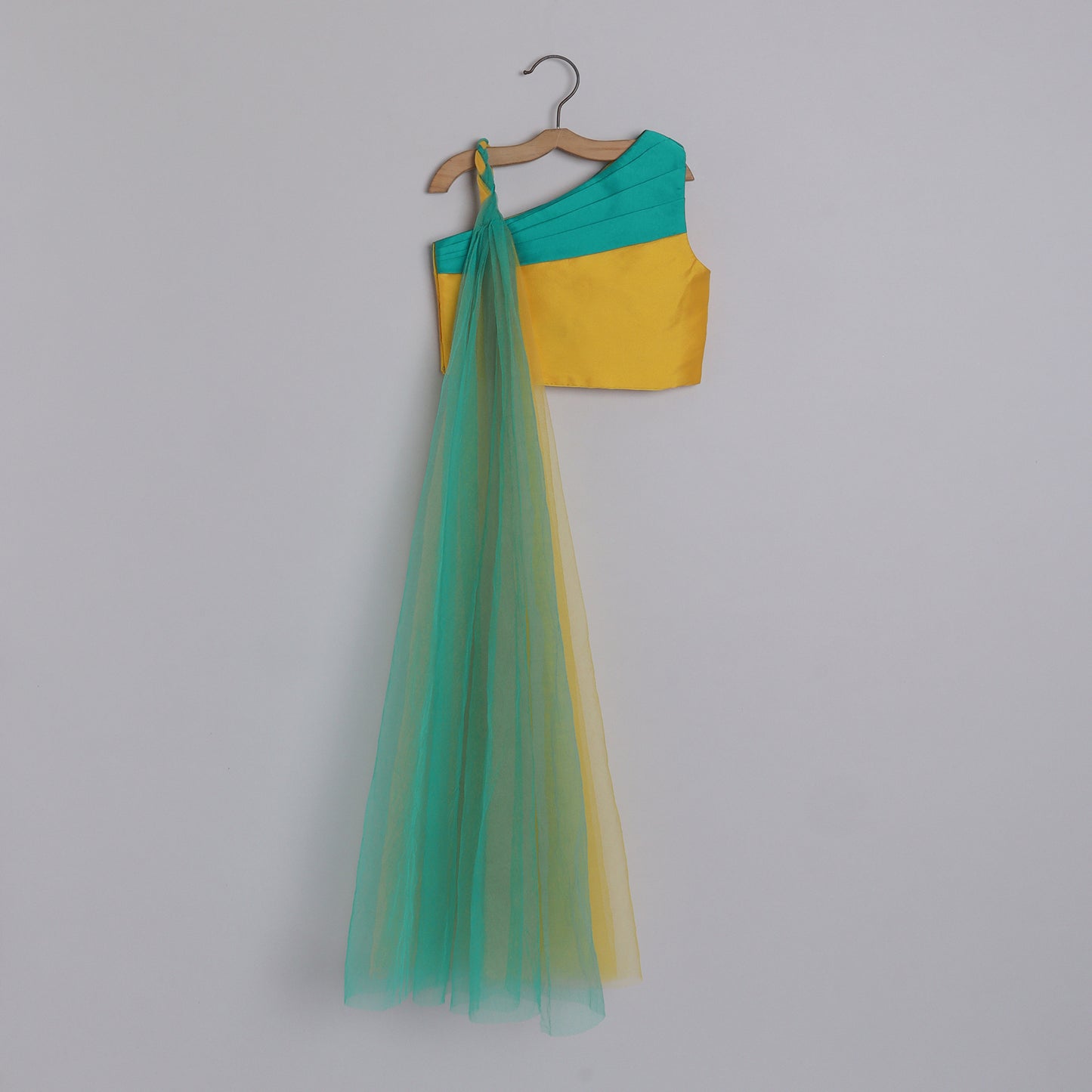 Girls Teal Green With Yellow And Teal Color Blocked One Shoulder Blouse With A Fashionable One Shoulder Drape