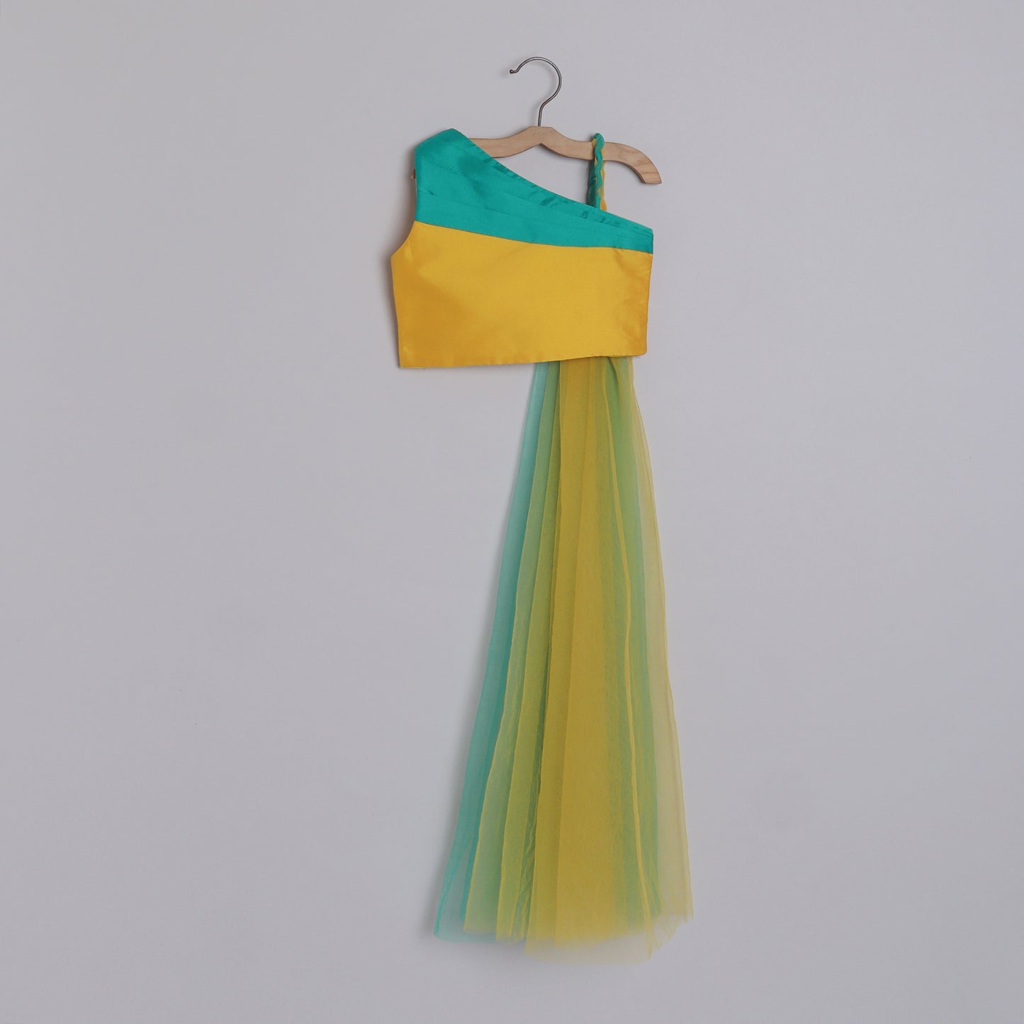 Girls Teal Green With Yellow And Teal Color Blocked One Shoulder Blouse With A Fashionable One Shoulder Drape