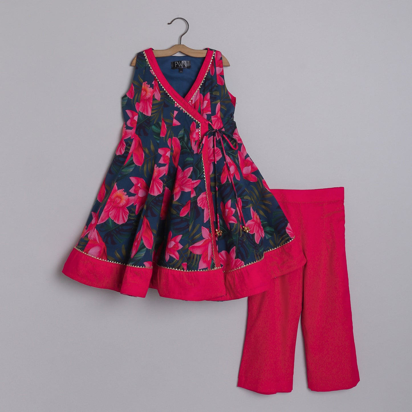 Girls Graceful Lotus Printed  Angarkha Kurti And Red Pant