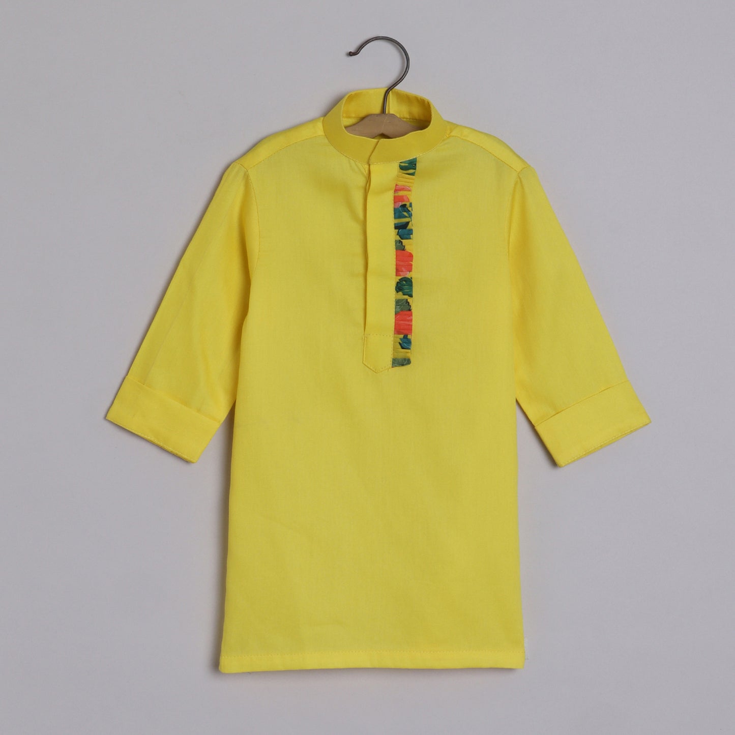 Boys Indian Yellow Kurta And Hibiscus Printed Jacket With Pockets And Pyjama