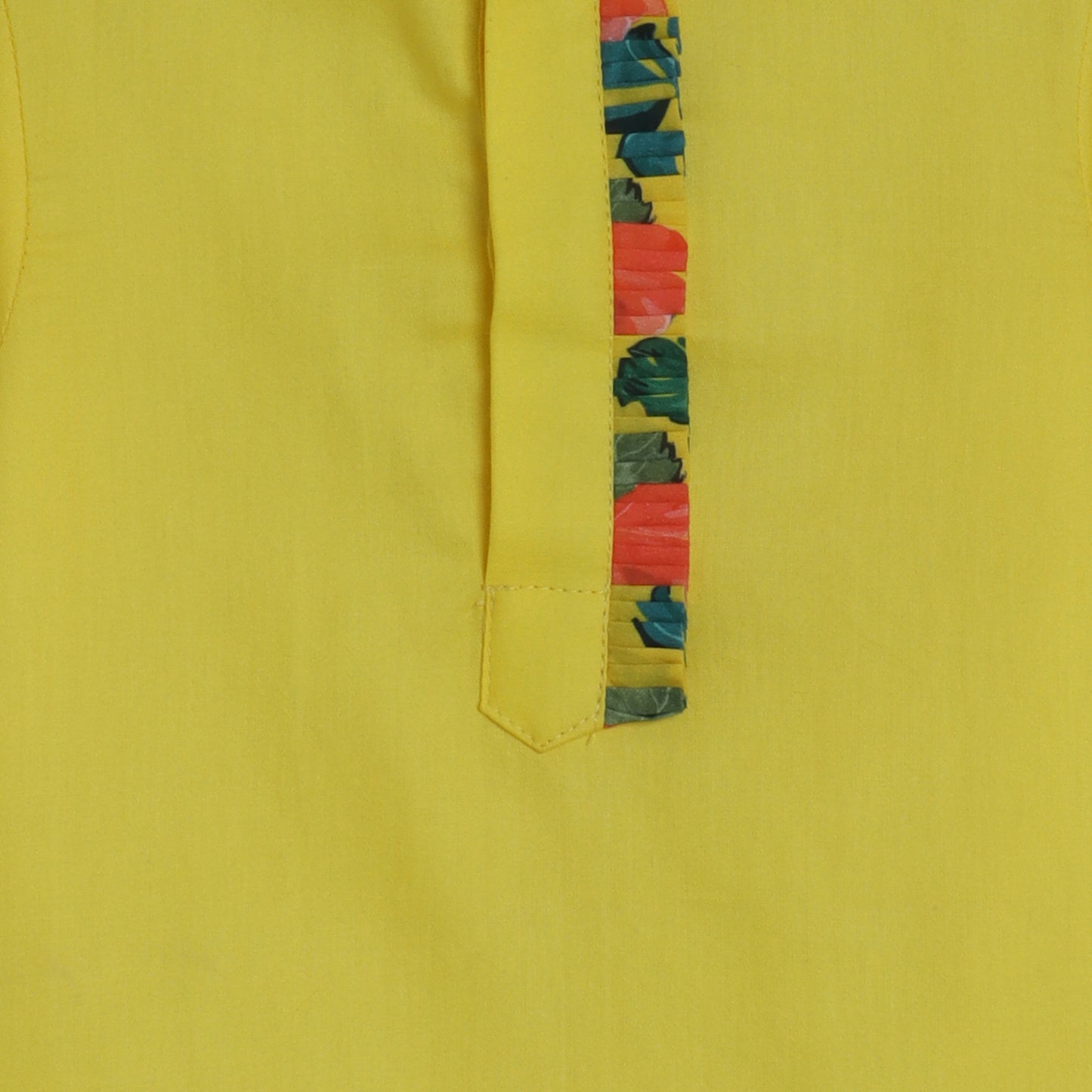 Boys Indian Yellow Kurta And Hibiscus Printed Jacket With Pockets And Pyjama