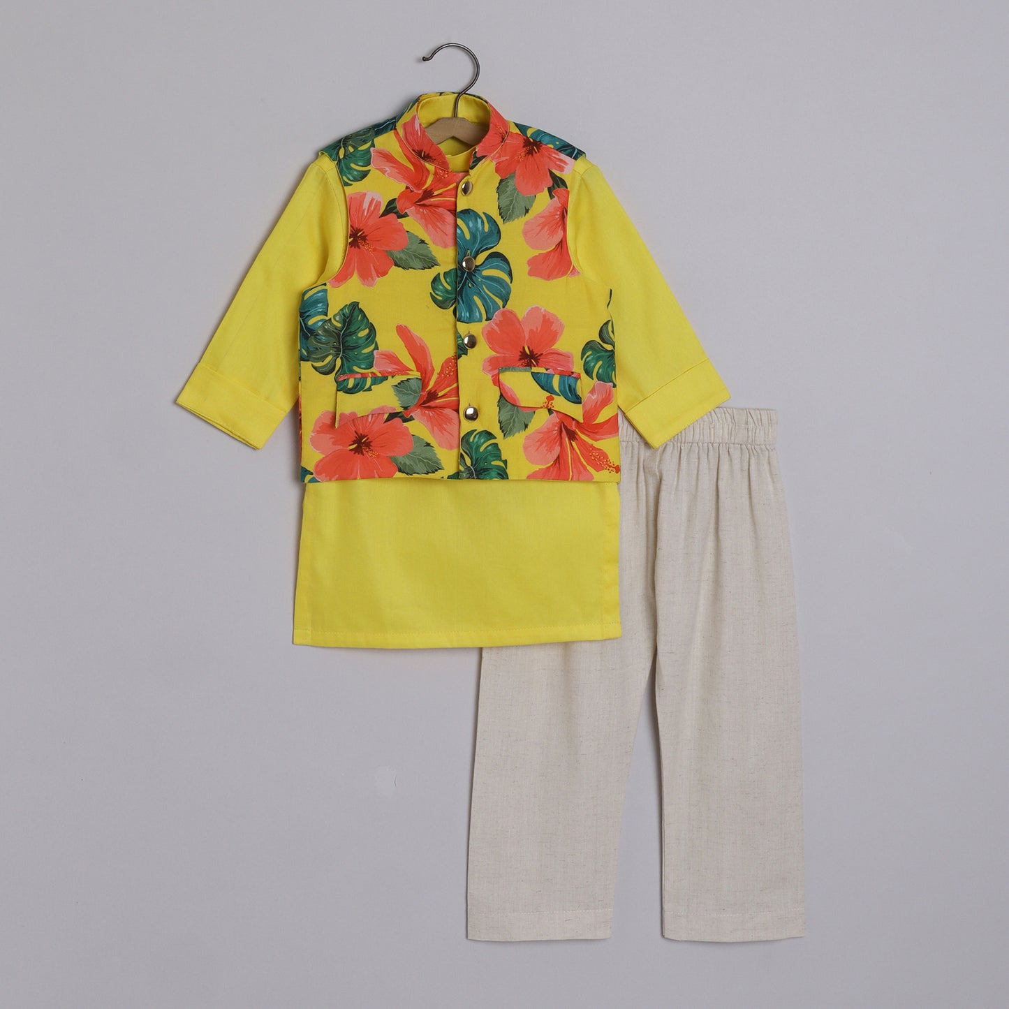 Boys Indian Yellow Kurta And Hibiscus Printed Jacket With Pockets And Pyjama