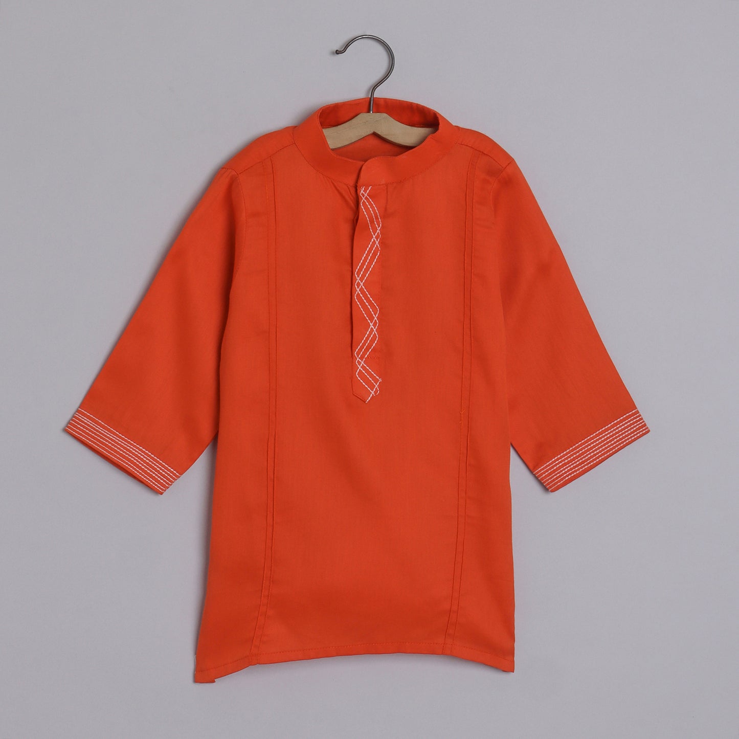 Boys Indian Pintex Orange Kurta With Hibiscus Printed Sleeveless Jacket And Pyjama