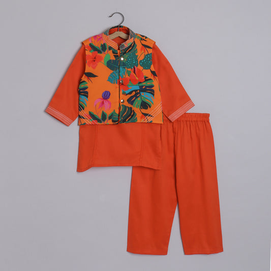 Boys Indian Pintex Orange Kurta With Hibiscus Printed Sleeveless Jacket And Pyjama