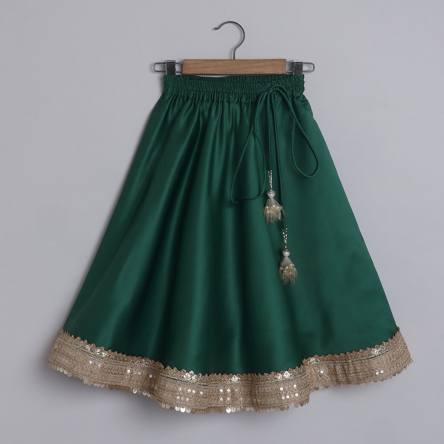 Girls Glamouros One Shoulder Dark Green Flap Top And Flared Lehenga