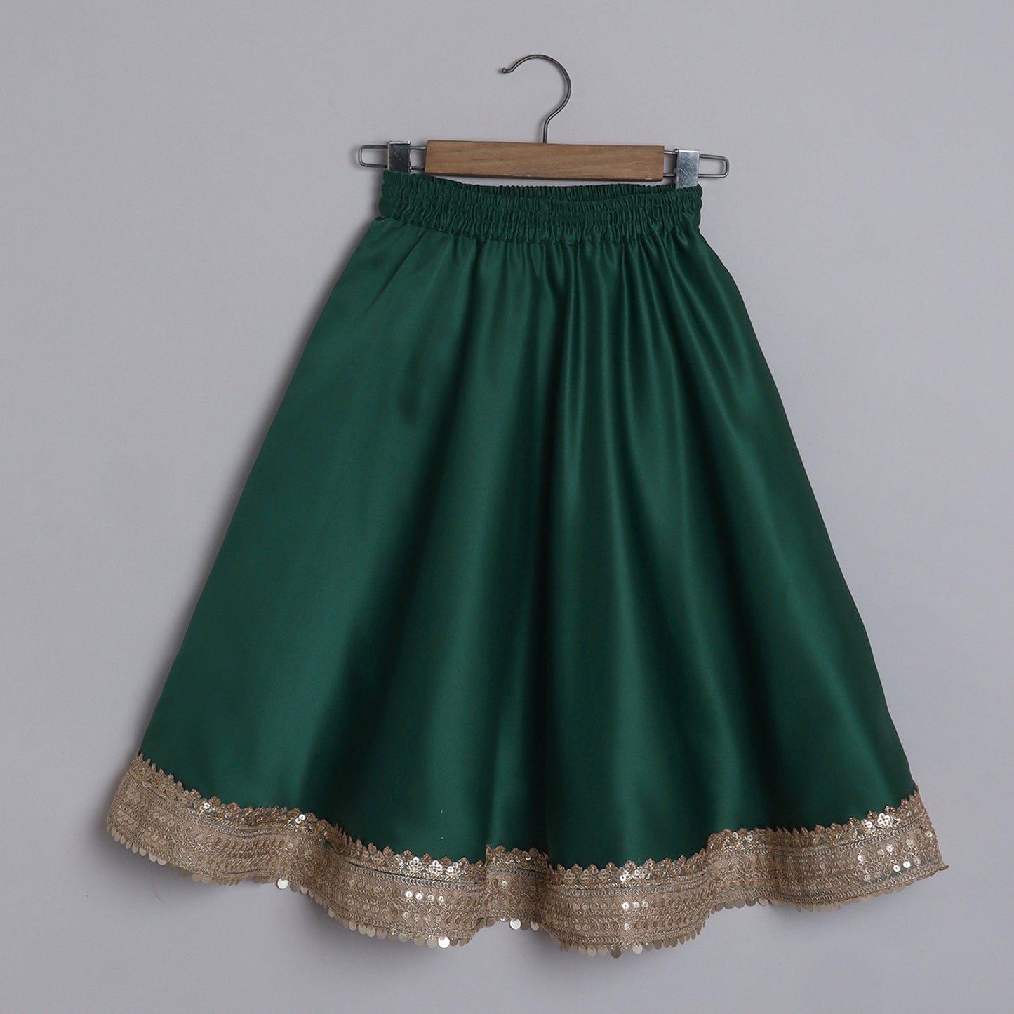 Girls Glamouros One Shoulder Dark Green Flap Top And Flared Lehenga