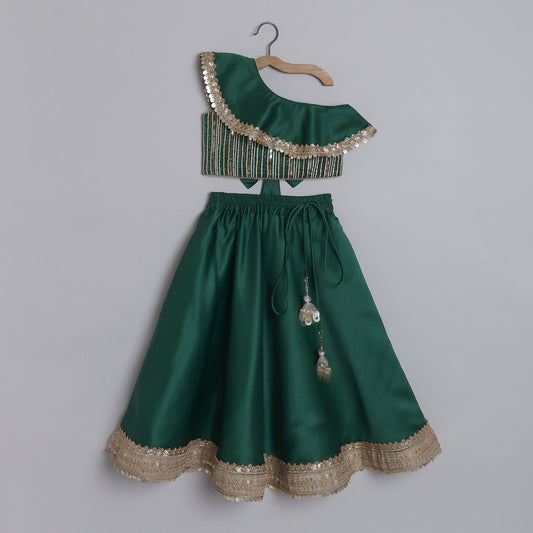 Girls Glamouros One Shoulder Dark Green Flap Top And Flared Lehenga