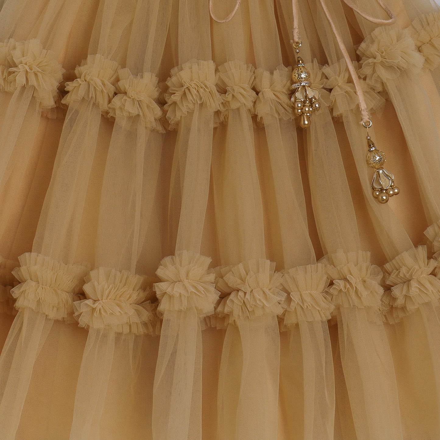 Girls Embroidered Beige One Shoulder Top And Ruffle Lehenga