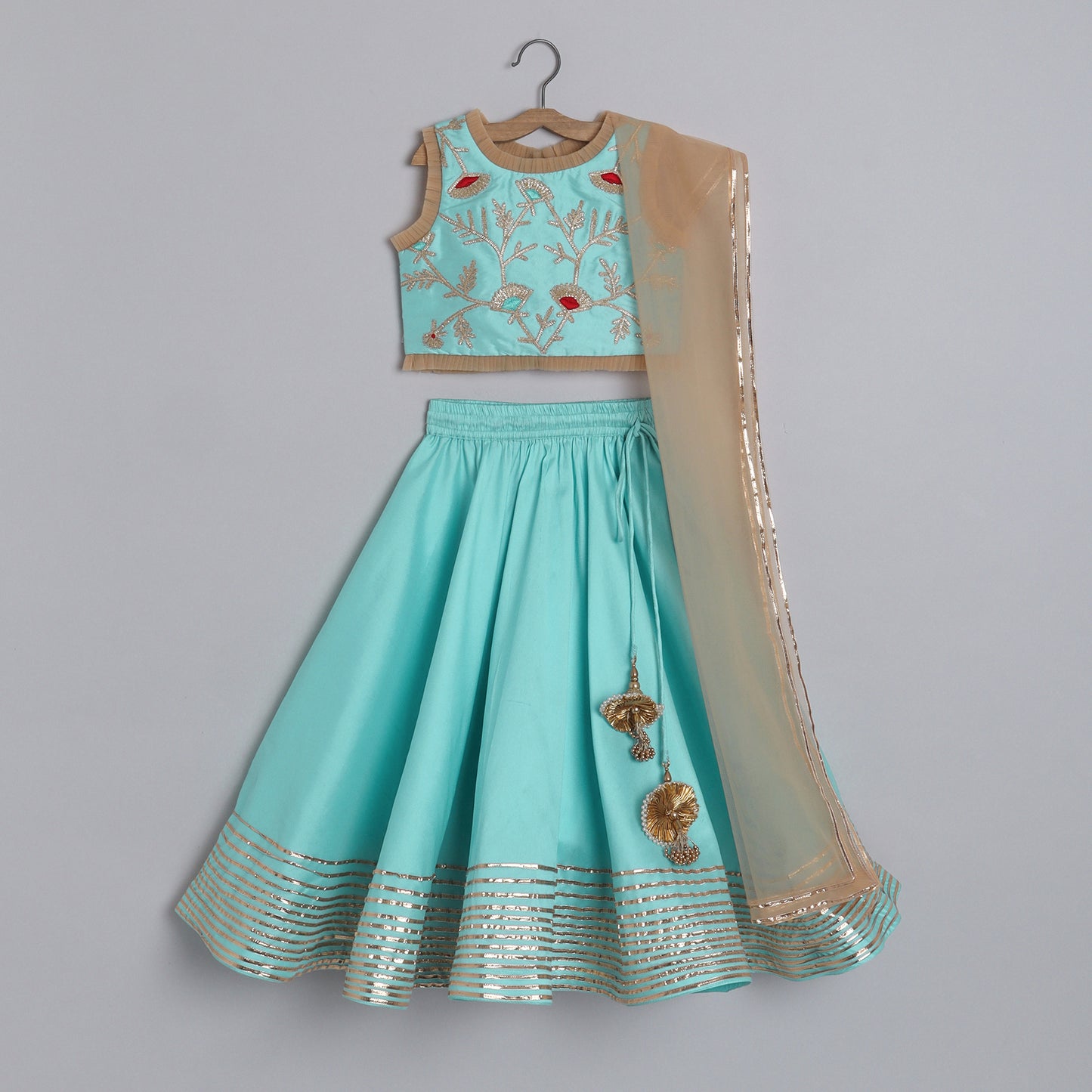 Girls Adorable Light Blue Top And Gota Lace Work Flared Lehenga With Beige Dupatta