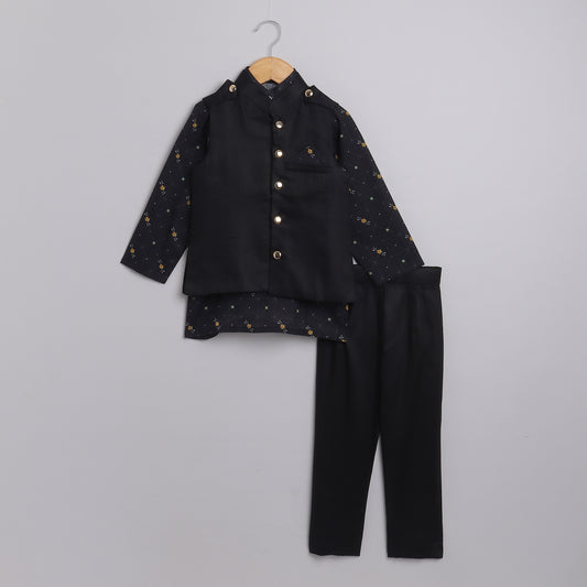 Boys Black Printed Kurta Jacket And Pyjama Set