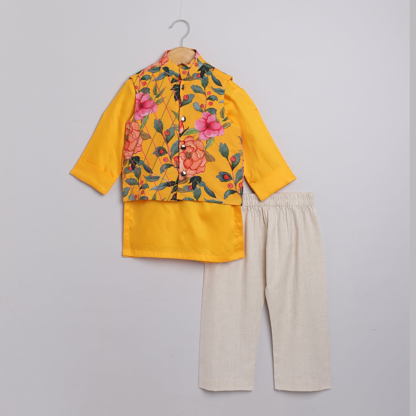 Boys Yellow Ocher Kurta Jacket And Pyjama